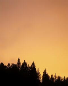 Kellertävä taivas auringon laskun väreissä